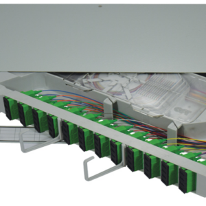 1RU | 19" rack mount pivot FOBOT splice / patch shelf | Capacity 48 - single mode SC/APC pigtails & simplex SC/APC adapters